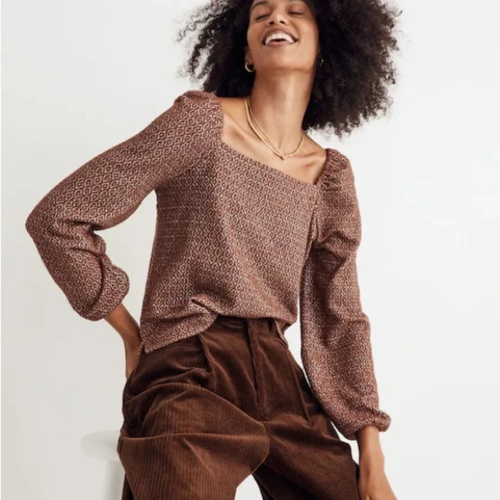 MADEWELL Jacquard Puff-Sleeve Boho Cropped Long Sleeve Blouse Top